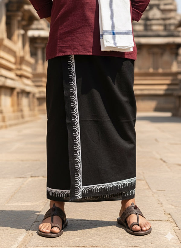 Eco-Friendly Khaadi Dhoti - Lungi Wrap| Block Printed Dhoti - Lungi Wrap for Men | 100% Handwoven Cotton | Traditional Hand Block Print | Breathable, Soft & Sustainable Wear | Ethnic Comfort Wrap - Black