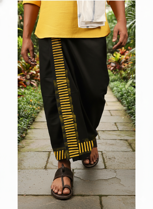 Eco-Friendly Khaadi | Block Printed Lungi for Men | 100% Handwoven Cotton | Traditional Hand Block Print | Breathable, Soft & Sustainable Wear | Ethnic Comfort Wrap - Black