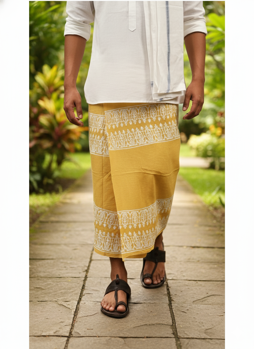 Eco-Friendly Khaadi | Block Printed Lungi for Men | 100% Handwoven Cotton | Traditional Hand Block Print | Breathable, Soft & Sustainable Wear | Ethnic Comfort Wrap - Yellow
