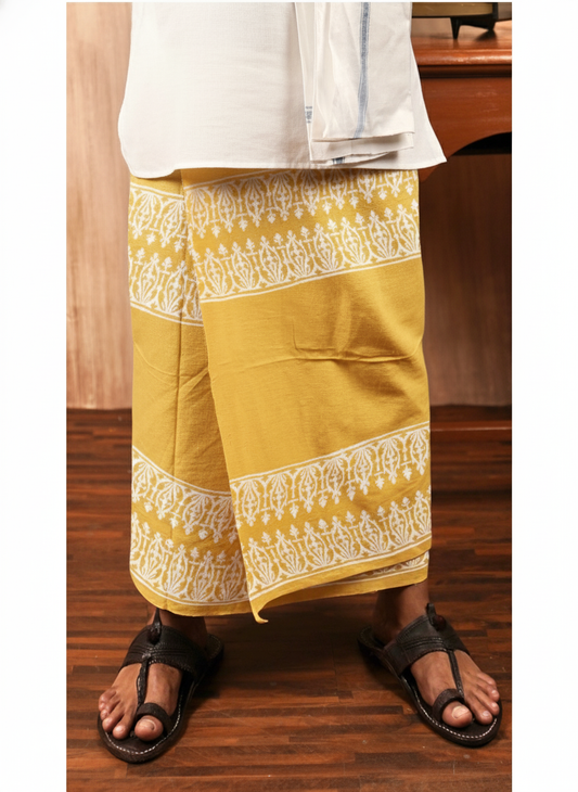 Eco-Friendly Khaadi | Block Printed Lungi for Men | 100% Handwoven Cotton | Traditional Hand Block Print | Breathable, Soft & Sustainable Wear | Ethnic Comfort Wrap - Yellow