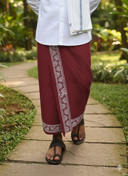 Kora Khaadi Dhoti | Block Motif | Ayan| Lungi | Veshti | Pancha Wrap - Maroon