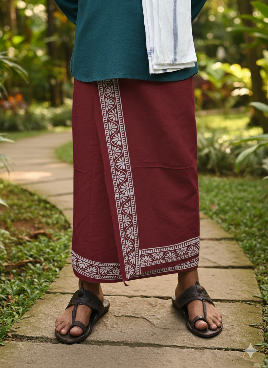 Eco-Friendly Khaadi | Block Printed Lungi for Men | 100% Handwoven Cotton | Traditional Hand Block Print | Breathable, Soft & Sustainable Wear | Ethnic Comfort Wrap - Maroon