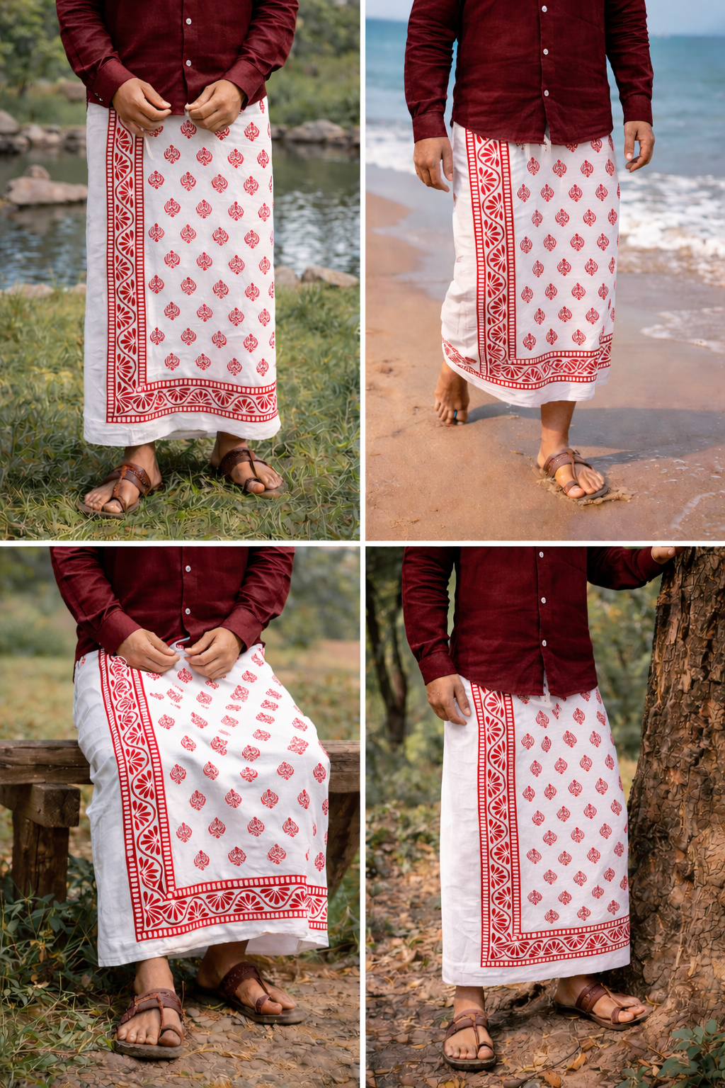 Person wearing a red shirt and white skirt with red patterns in various outdoor settings.